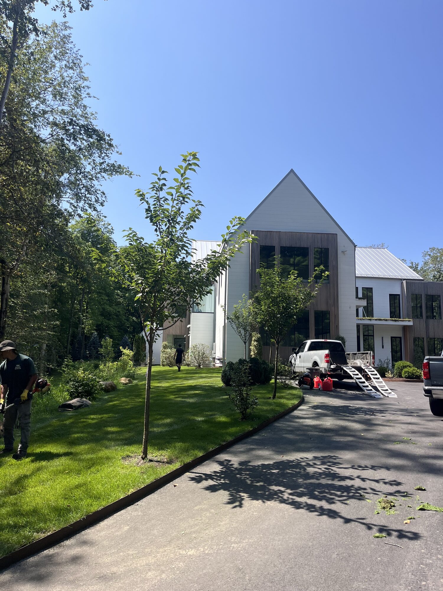 Modern Greenwich home with manicured grounds