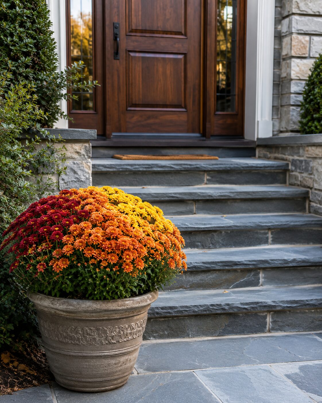 Fall mums planted at a front entrance